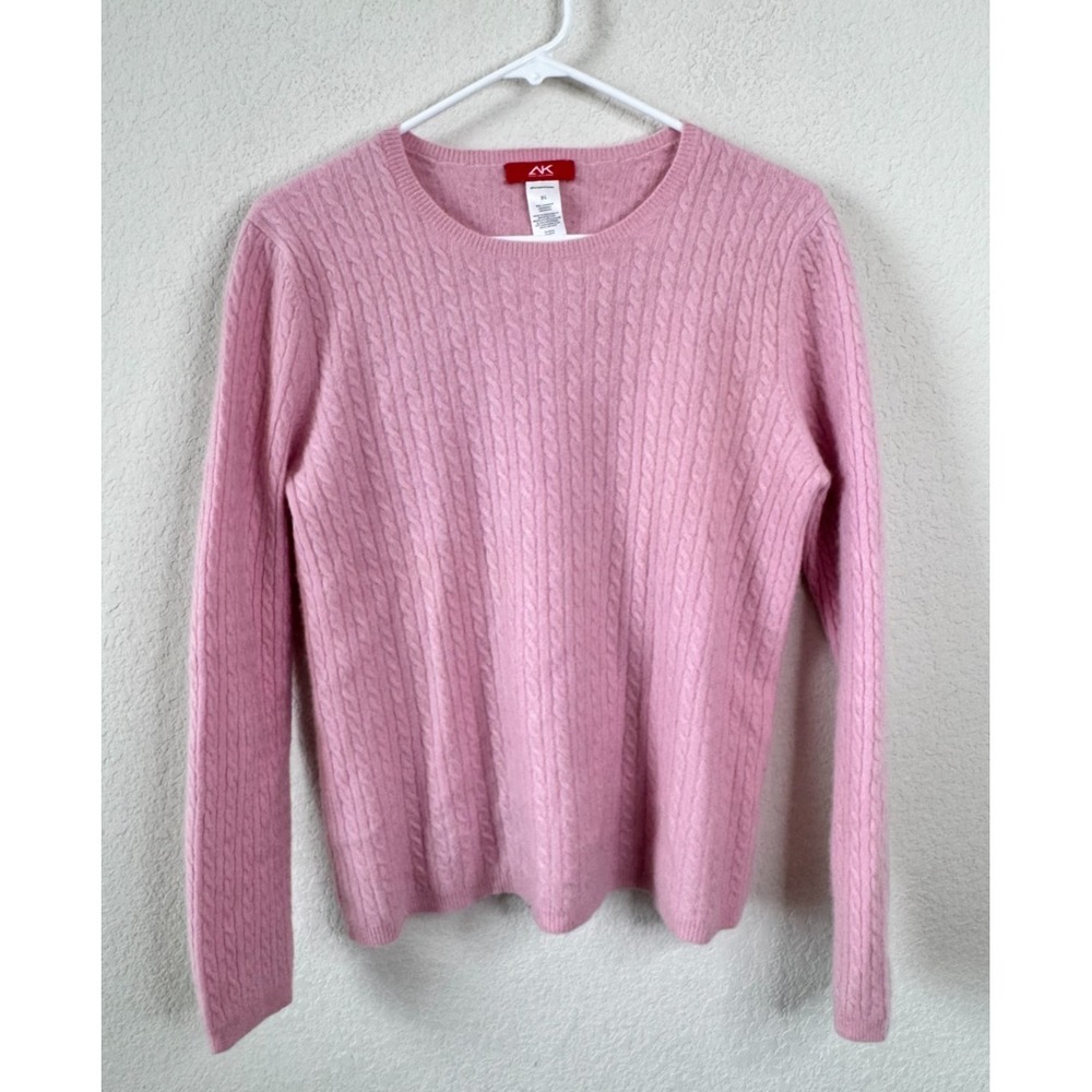 Anne Klein‎ Sport 100% Cashmere Sweater Women's XL Barbie Pink Cable Knit Preppy